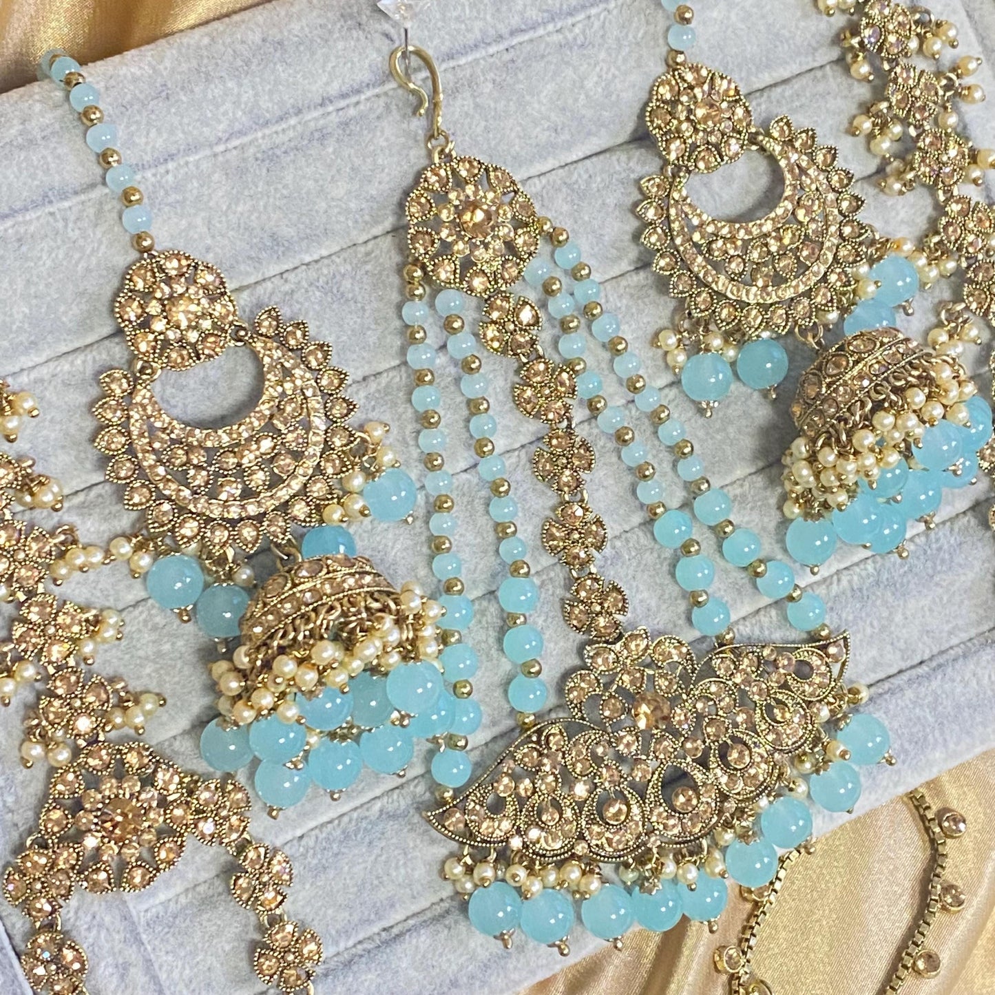 Light Blue Golden Full 8 Piece Bridal Necklace Set Traditional Indian Pakistani Style Wedding Fashion Jewellery Heavy Necklace set Sale