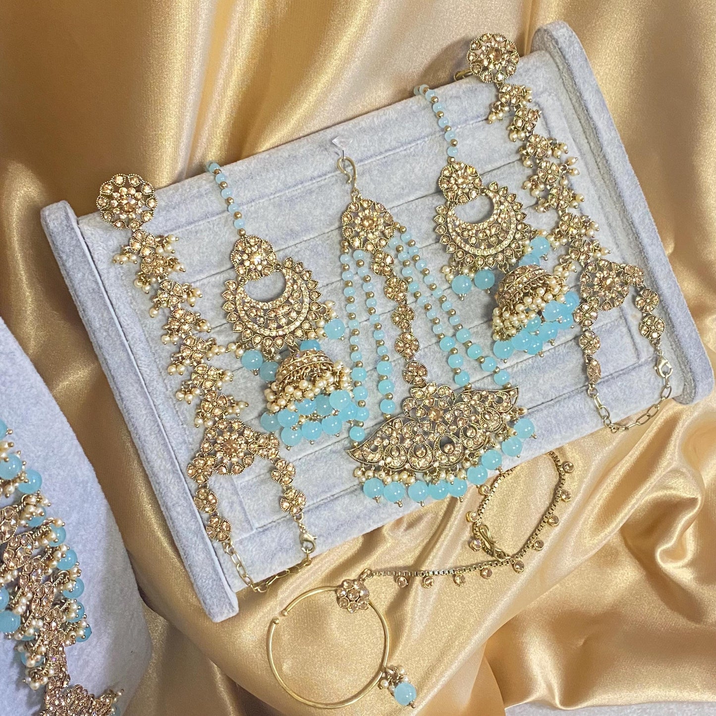 Light Blue Golden Full 8 Piece Bridal Necklace Set Traditional Indian Pakistani Style Wedding Fashion Jewellery Heavy Necklace set Sale