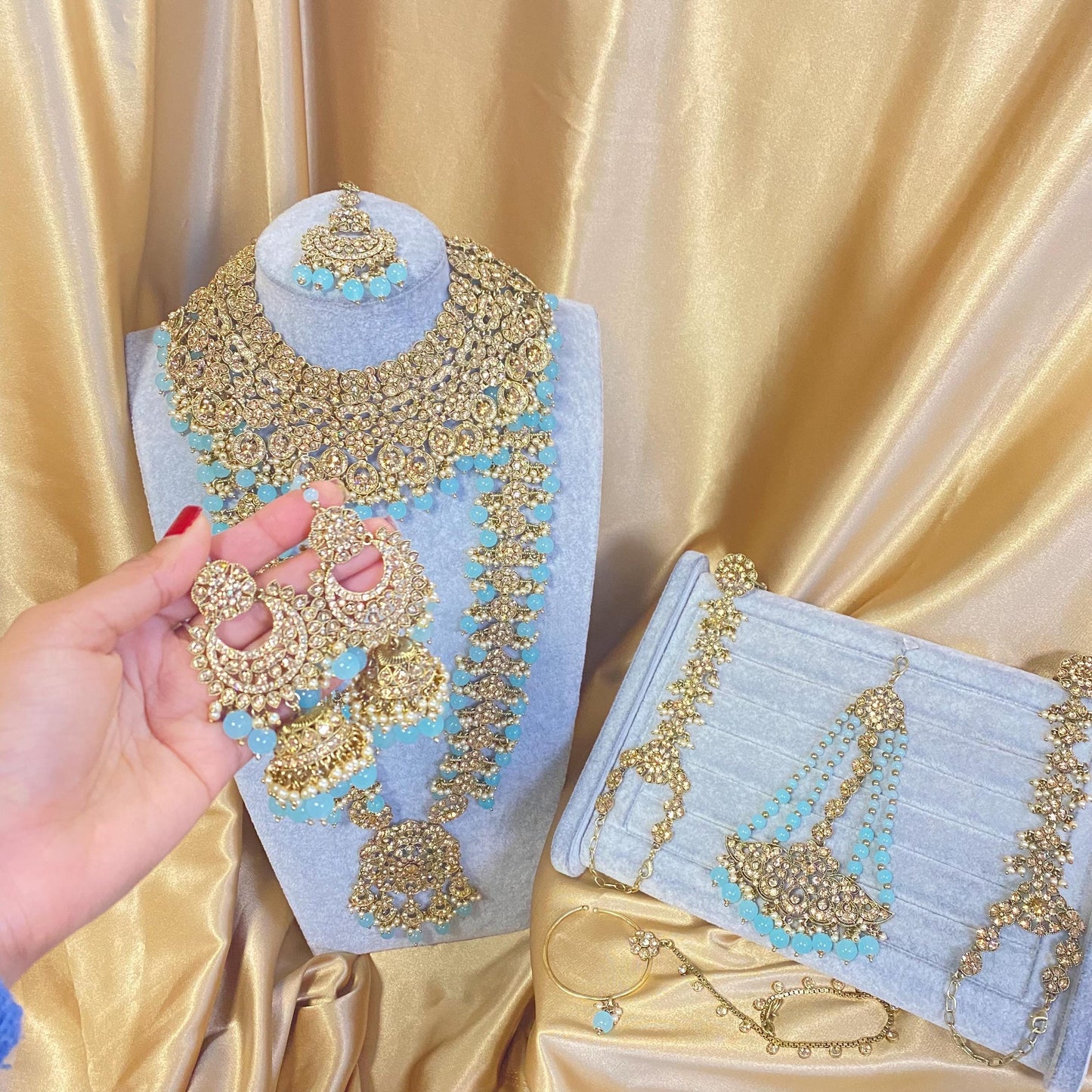 Light Blue Golden Full 8 Piece Bridal Necklace Set Traditional Indian Pakistani Style Wedding Fashion Jewellery Heavy Necklace set Sale