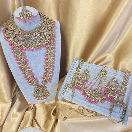 Pink Golden Full 8 Piece Bridal Necklace Set Traditional Indian Pakistani Style Wedding Fashion Jewellery Heavy Necklace set Sale