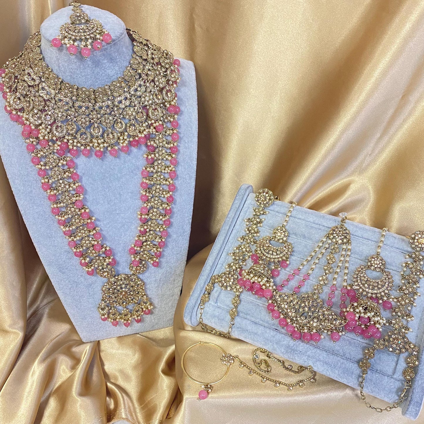 Pink Golden Full 8 Piece Bridal Necklace Set Traditional Indian Pakistani Style Wedding Fashion Jewellery Heavy Necklace set Sale