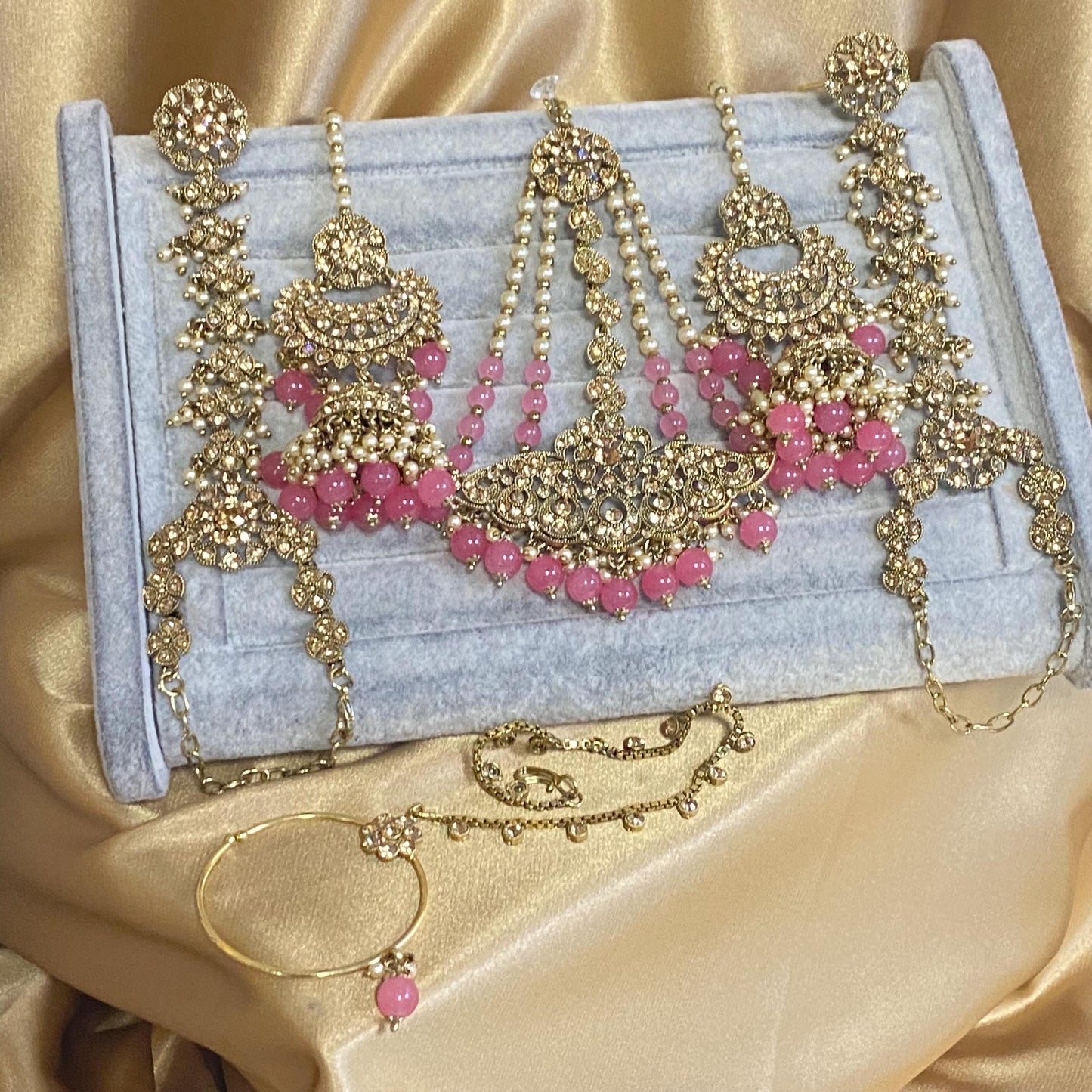 Pink Golden Full 8 Piece Bridal Necklace Set Traditional Indian Pakistani Style Wedding Fashion Jewellery Heavy Necklace set Sale