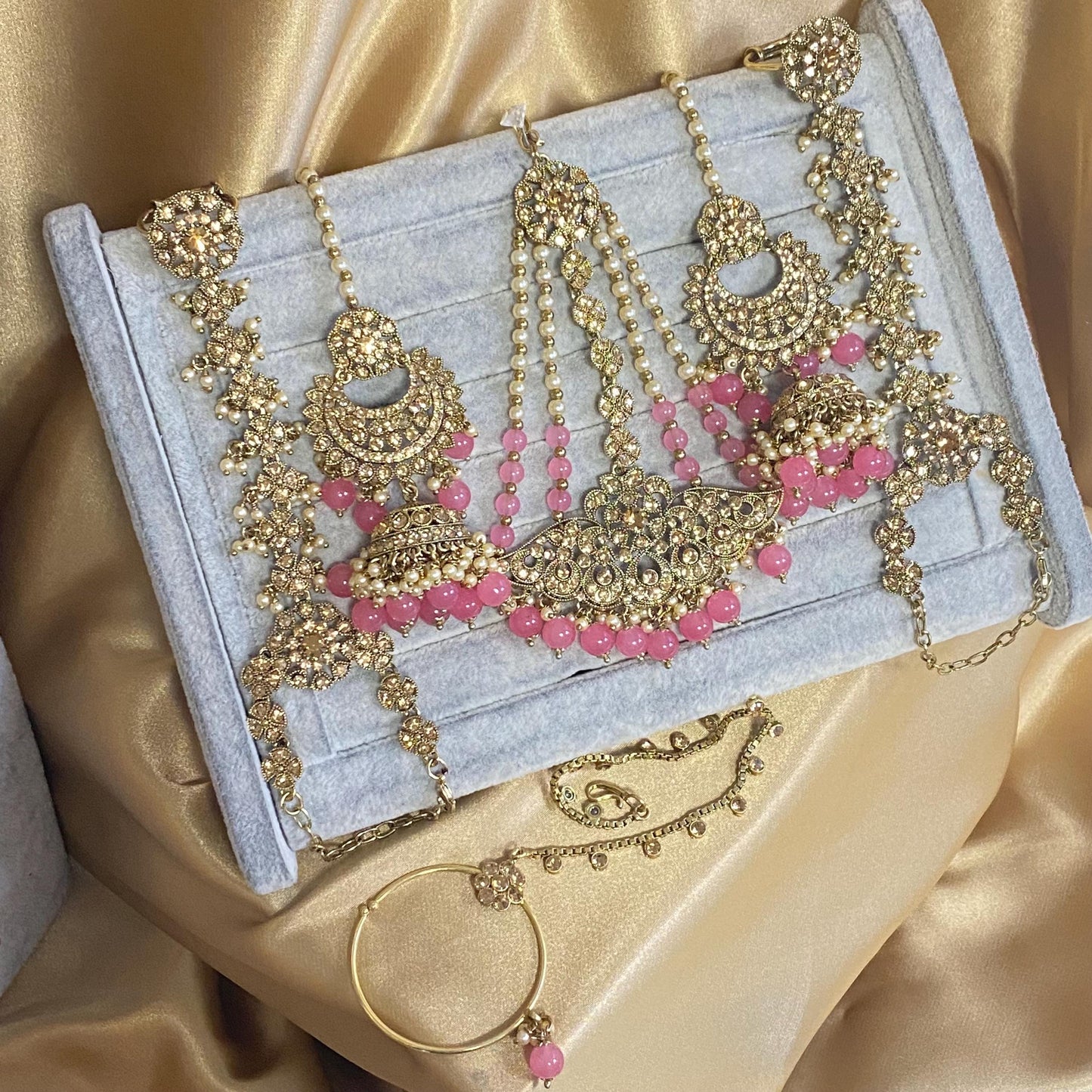 Pink Golden Full 8 Piece Bridal Necklace Set Traditional Indian Pakistani Style Wedding Fashion Jewellery Heavy Necklace set Sale