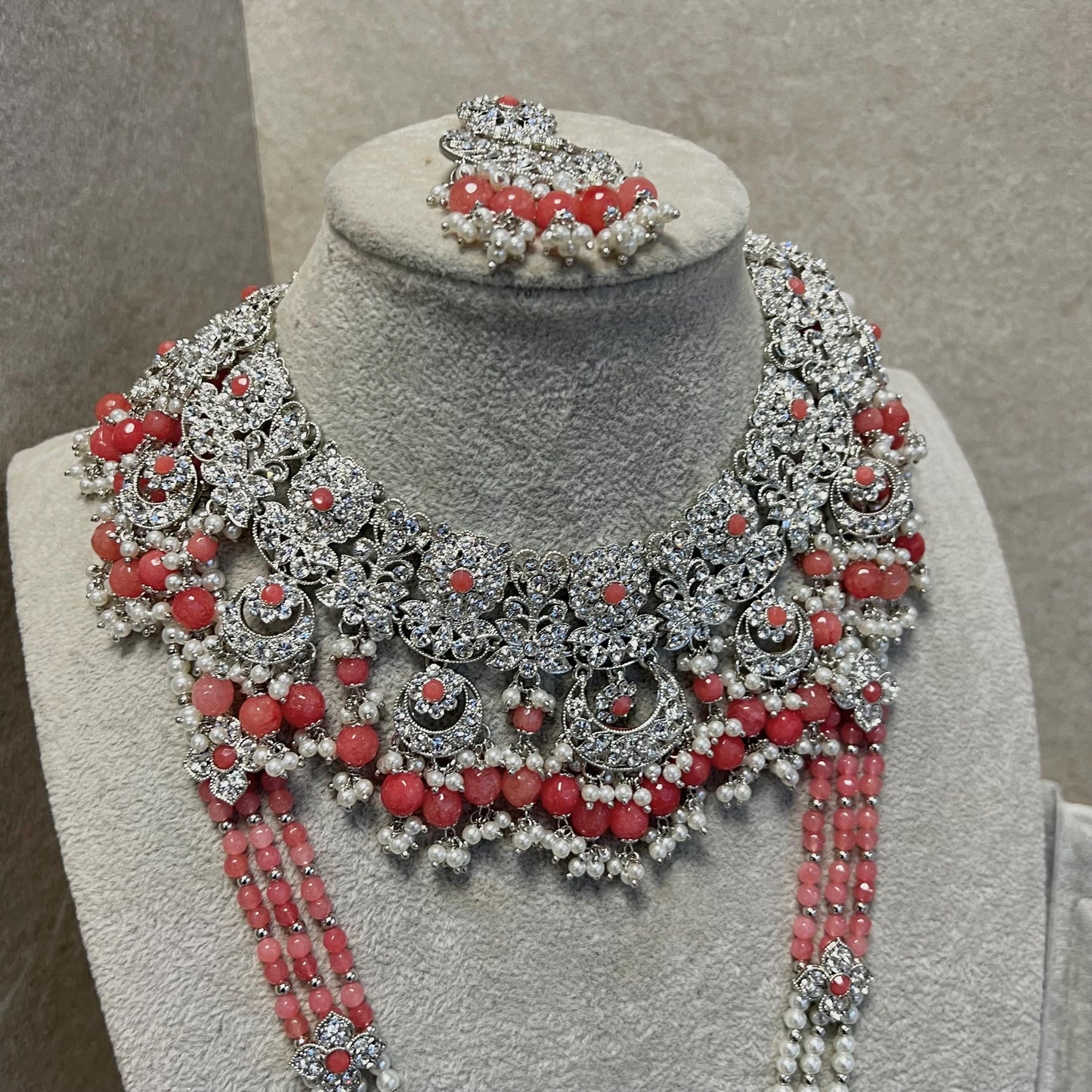 Silver Coral Bridal Necklace Set Indian/ Pakistani Style/ Wedding/ Fashion Jewellery/ Necklace set