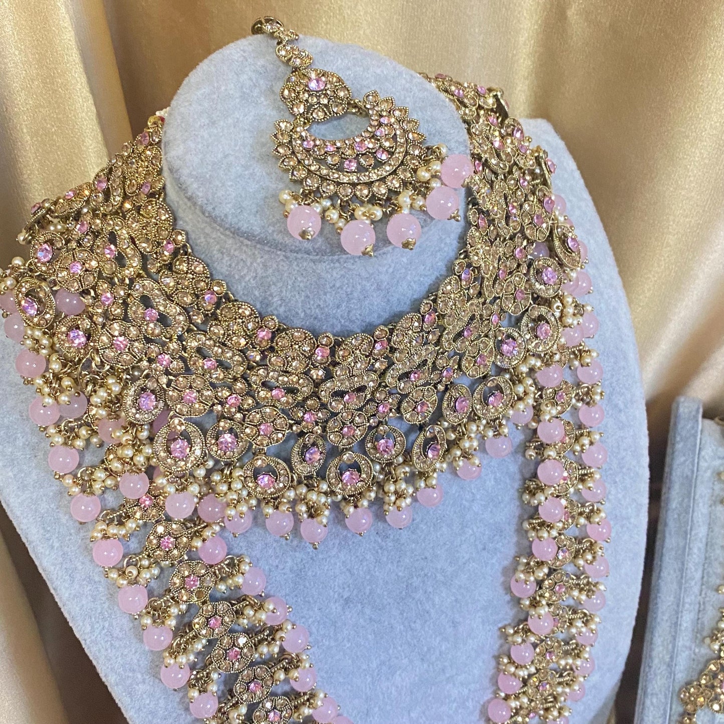 Light Pink Golden Full 8 Piece Bridal Necklace Set Traditional Indian Pakistani Style Wedding Fashion Jewellery Heavy Necklace set Sale