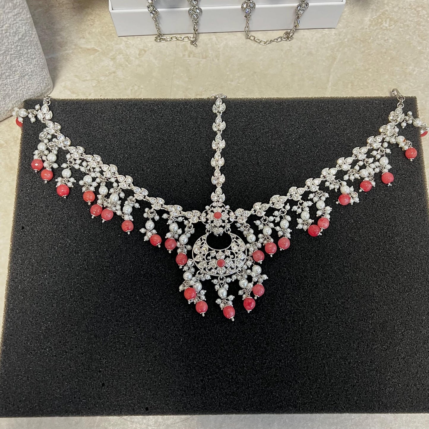 Silver Coral Bridal Necklace Set Indian/ Pakistani Style/ Wedding/ Fashion Jewellery/ Necklace set