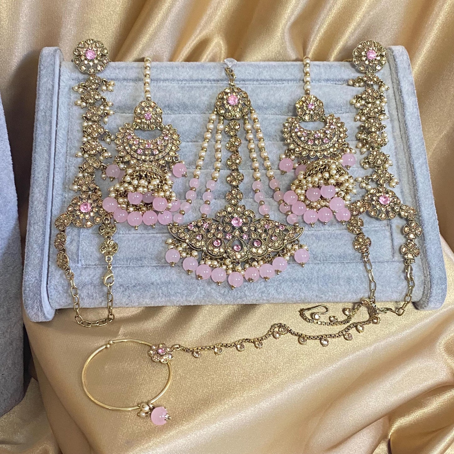 Light Pink Golden Full 8 Piece Bridal Necklace Set Traditional Indian Pakistani Style Wedding Fashion Jewellery Heavy Necklace set Sale