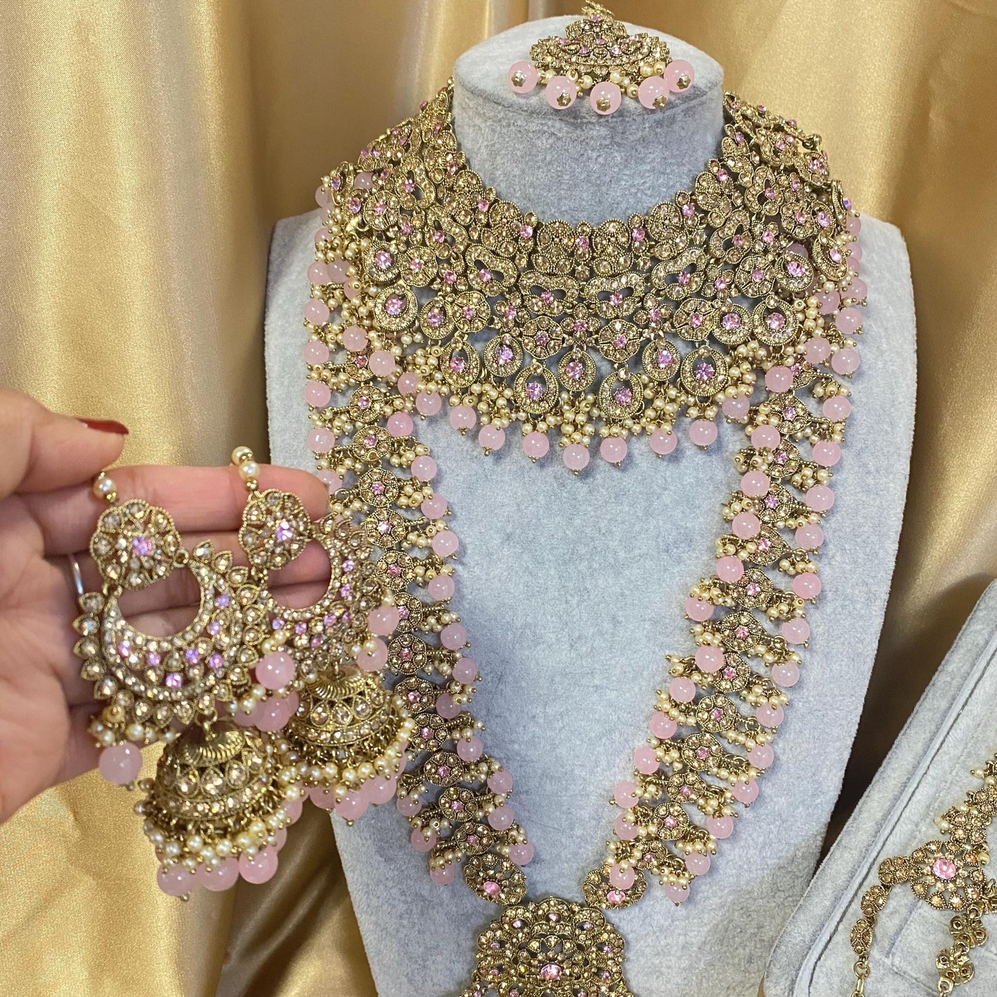 Light Pink Golden Full 8 Piece Bridal Necklace Set Traditional Indian Pakistani Style Wedding Fashion Jewellery Heavy Necklace set Sale
