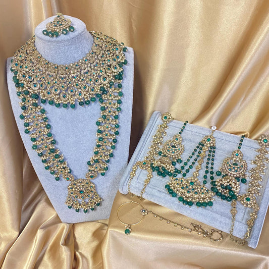 Green Emerald Golden Full 8 Piece Bridal Necklace Set Traditional Indian Pakistani Style Wedding Fashion Jewellery Heavy Necklace set Sale