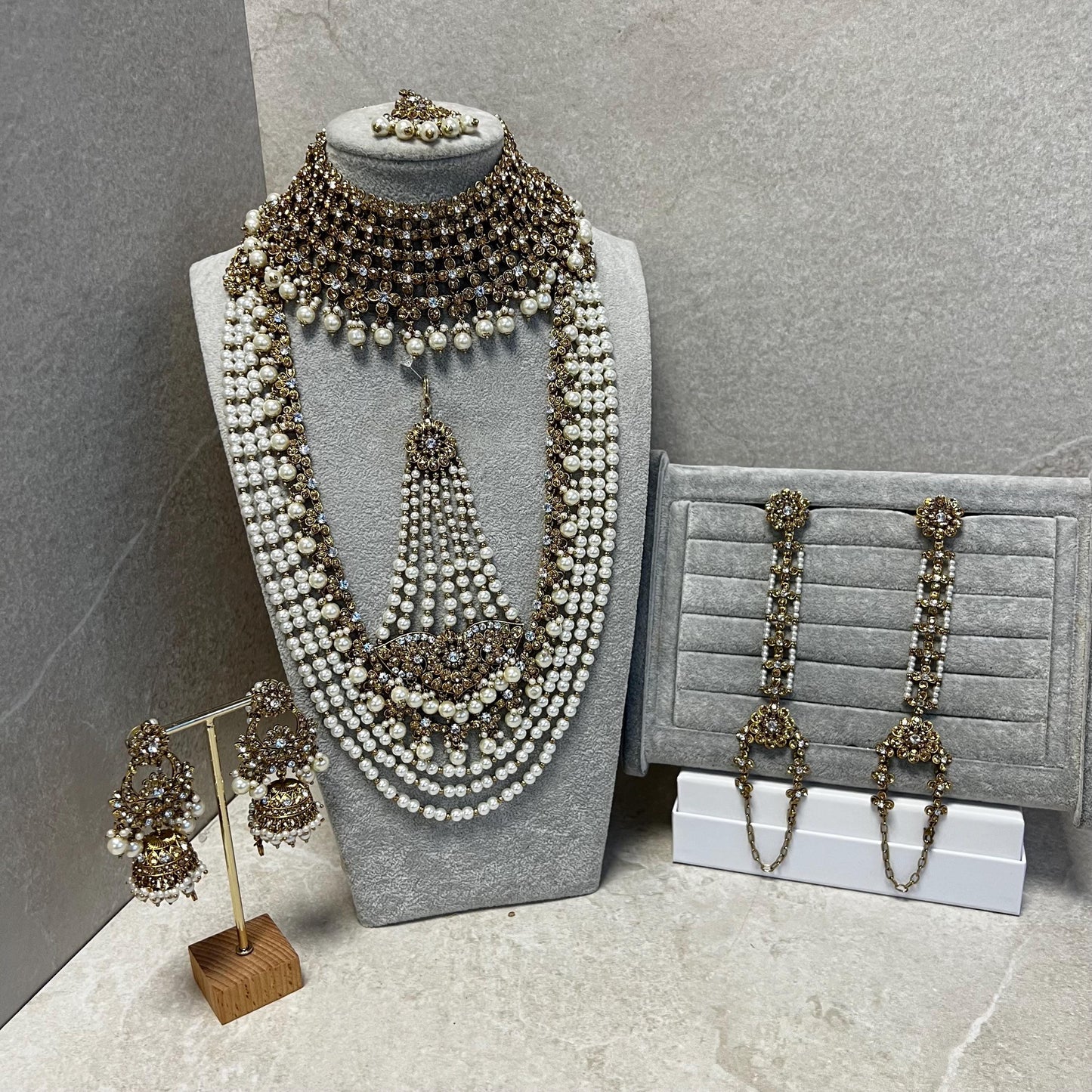 Full Bridal Set - Antique Gold Clear Rhinestone Indian / Pakistani Style/Necklace, Choker, Chain Jhumka Earring, Tikka, Jhumar Wedding/ Gift