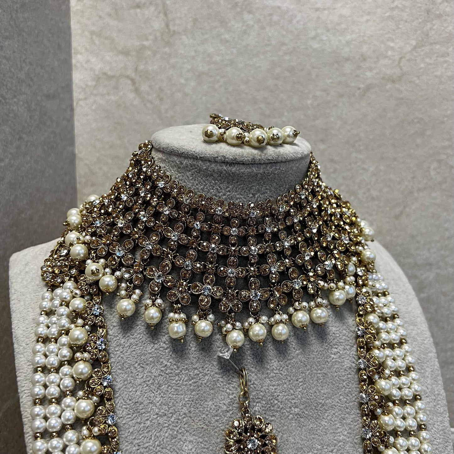Full Bridal Set - Antique Gold Clear Rhinestone Indian / Pakistani Style/Necklace, Choker, Chain Jhumka Earring, Tikka, Jhumar Wedding/ Gift