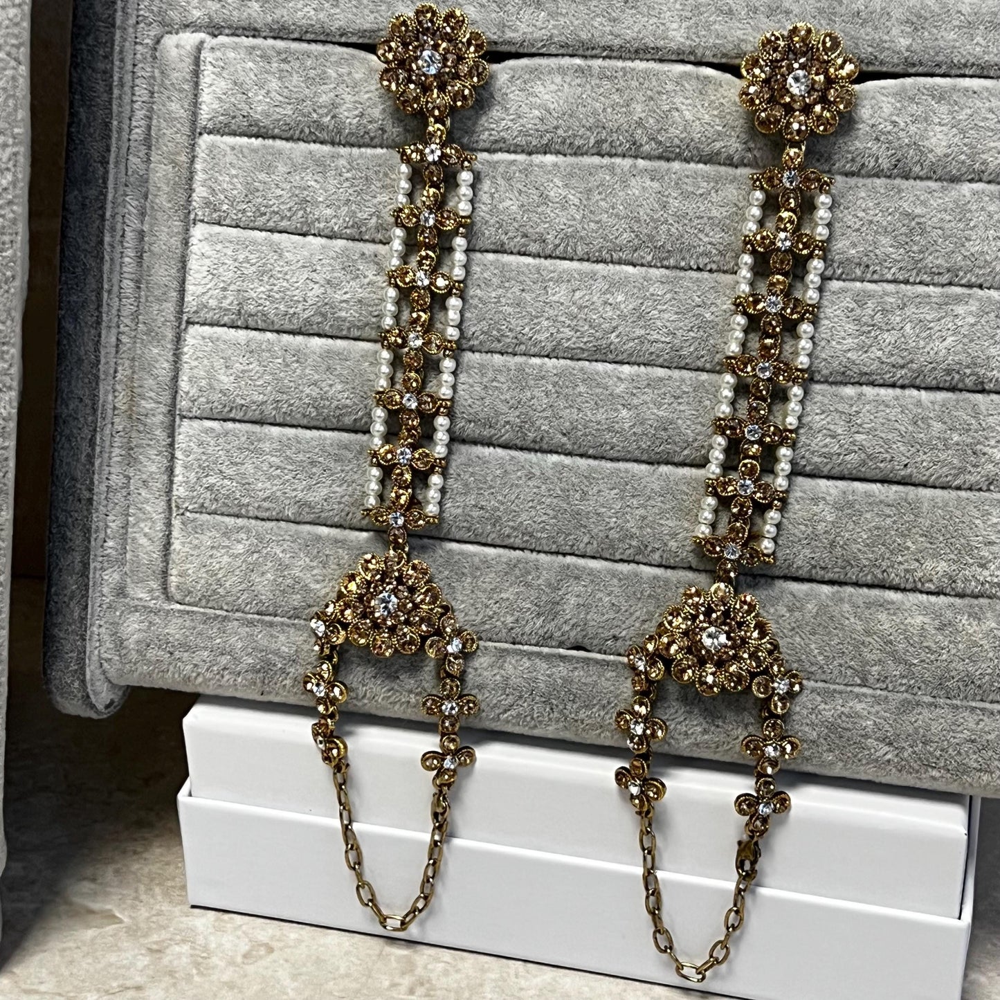 Full Bridal Set - Antique Gold Clear Rhinestone Indian / Pakistani Style/Necklace, Choker, Chain Jhumka Earring, Tikka, Jhumar Wedding/ Gift