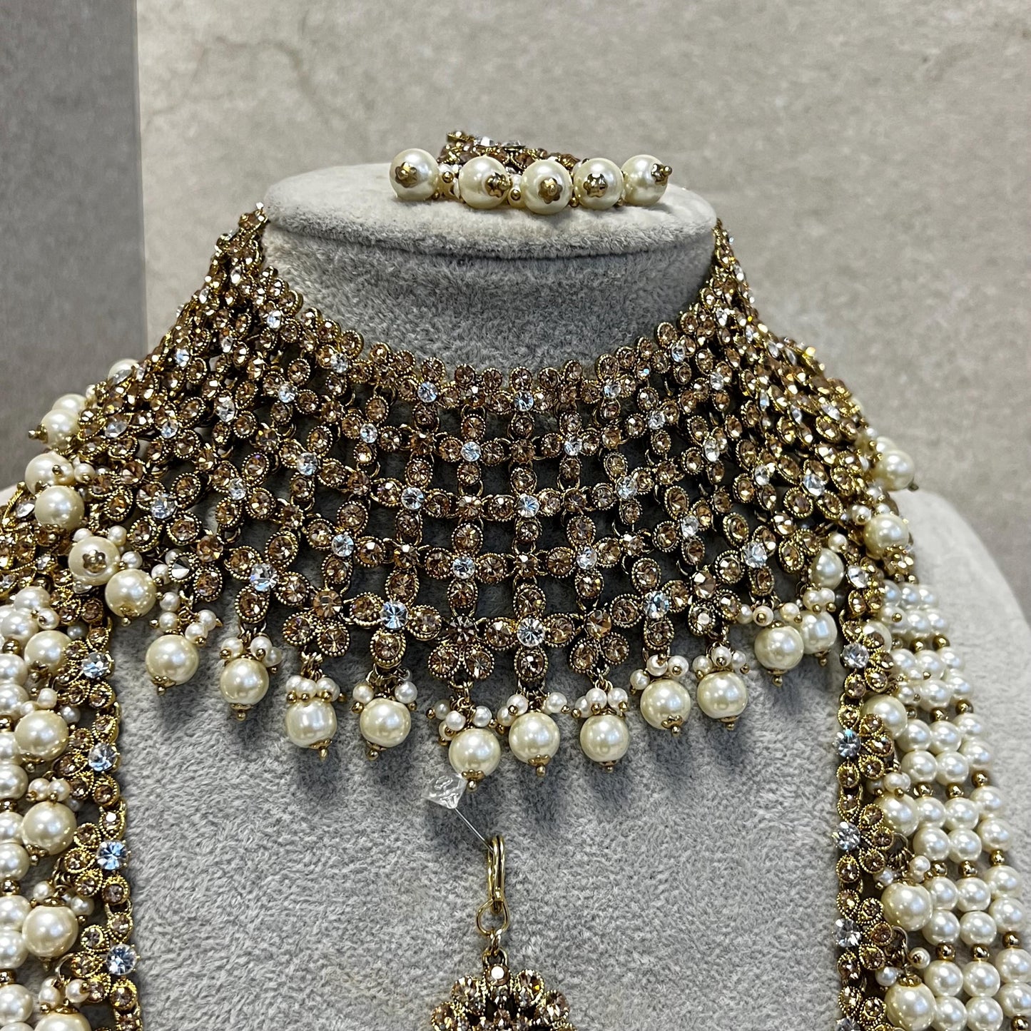 Full Bridal Set - Antique Gold Clear Rhinestone Indian / Pakistani Style/Necklace, Choker, Chain Jhumka Earring, Tikka, Jhumar Wedding/ Gift