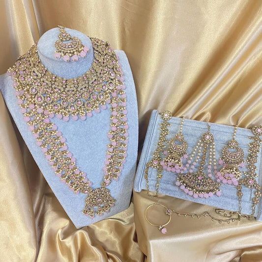 Light Pink Golden Full 8 Piece Bridal Necklace Set Traditional Indian Pakistani Style Wedding Fashion Jewellery Heavy Necklace set Sale