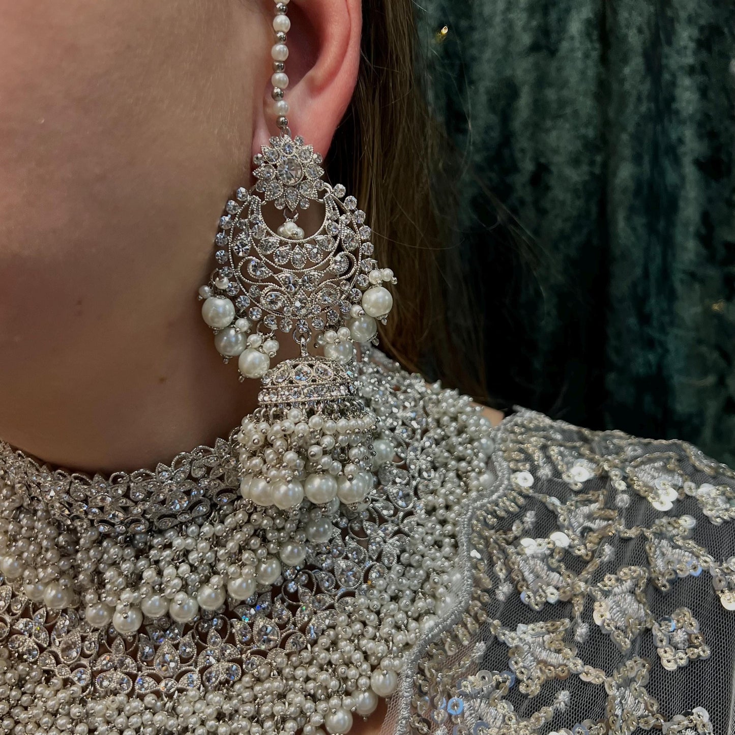 Silver Bridal Set - Pearl Indian/ Pakistani Style With Jhumka earring, Tikka/Tikli, Jhumar/jhoomar/ Wedding/ Fashion Jewellery/ Necklace set