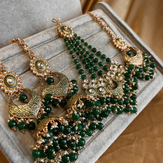 Green Large Jhumka ChainEarring, Tikka and Jhumar Set- Bright Gold Meenakari Bollywood Indian Pakistani Style High Quality Fashion Jewellery