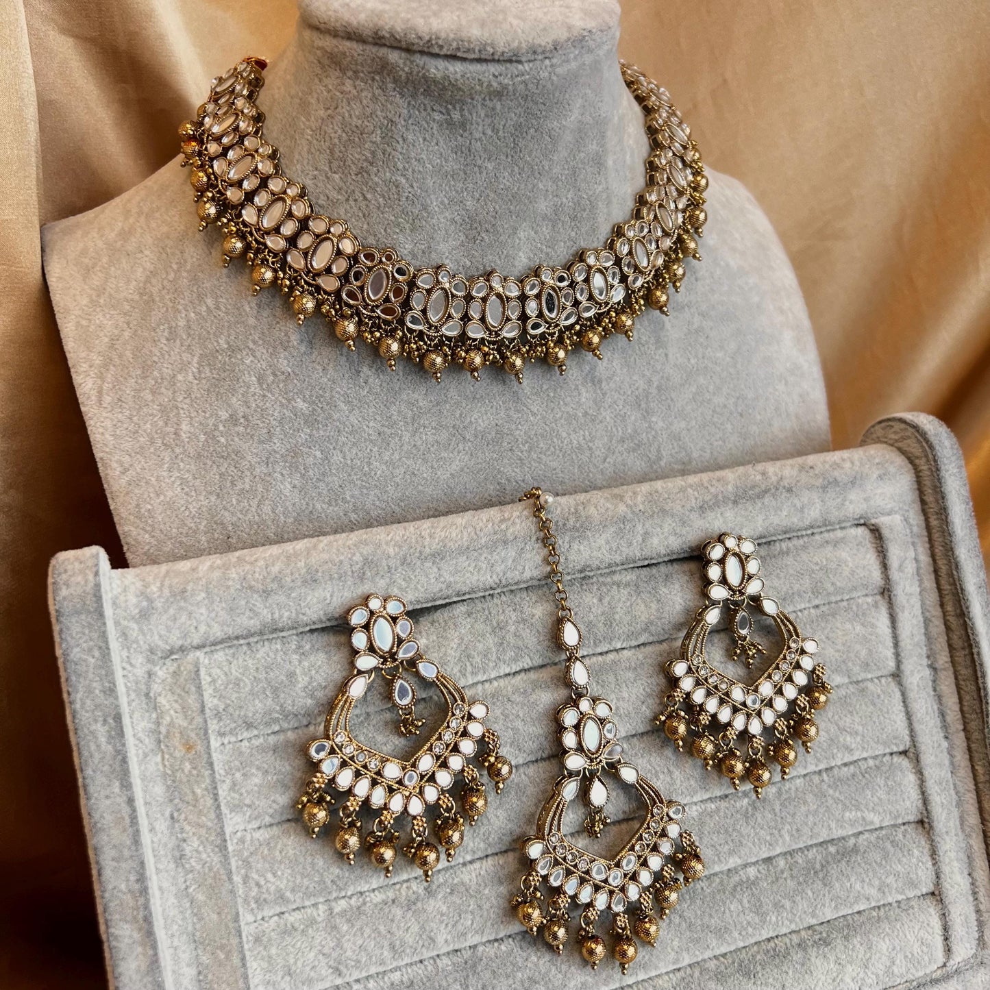 Gold Mirrored Pearl Necklace Set Earring Tikka Indian  Pakistani Fashion Jewellery Gift for Women Hand Made High Quality Rhinestones