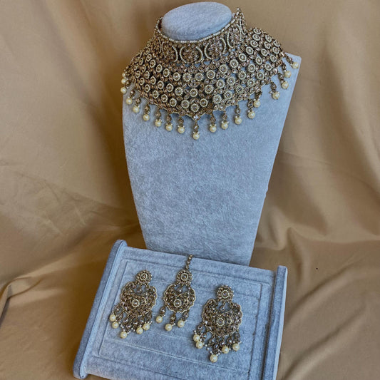 Antique gold & champagne Bridal necklace set Indian/ Pakistani Style/Wedding/Earring/Tikka