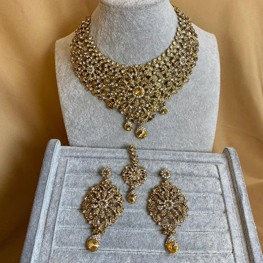 Golden & Clear Crystal Indian Necklace Set/Bridal Necklace Set/Reception/ Wedding/ Civil/Indian Jewellery