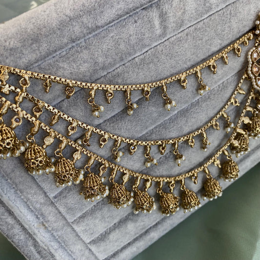 Golden Jhumka Earrings With Ear Chains/Saharay/ Indian Style Earring