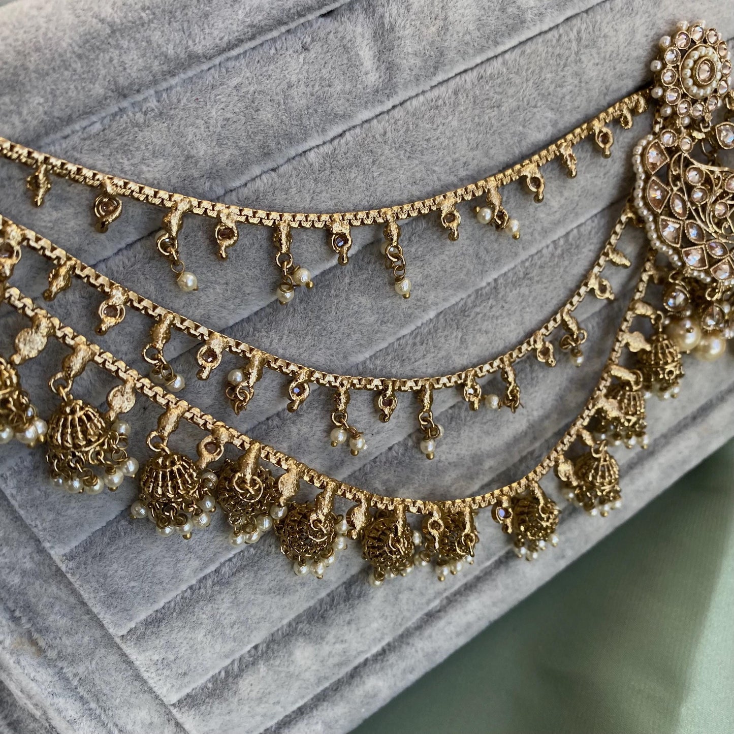 Golden Jhumka Earrings With Ear Chains/Saharay/ Indian Style Earring