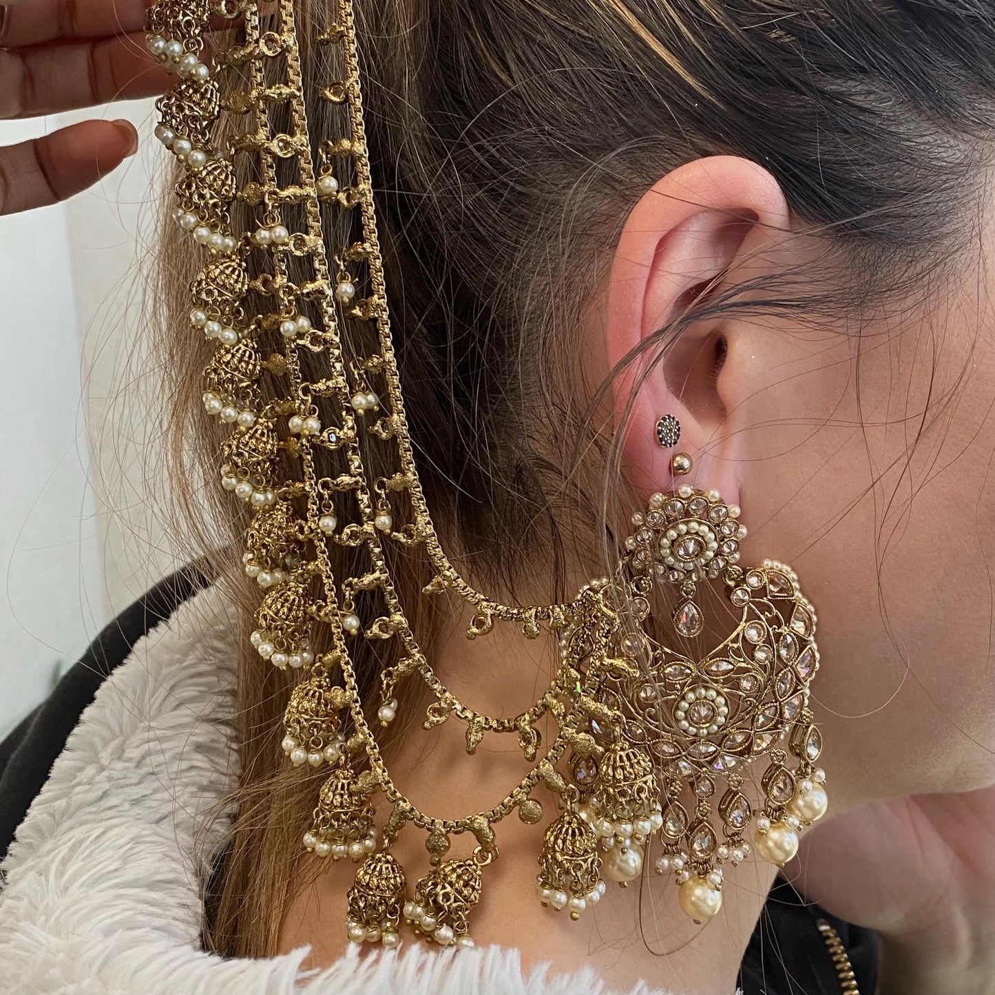 Golden Jhumka Earrings With Ear Chains/Saharay/ Indian Style Earring