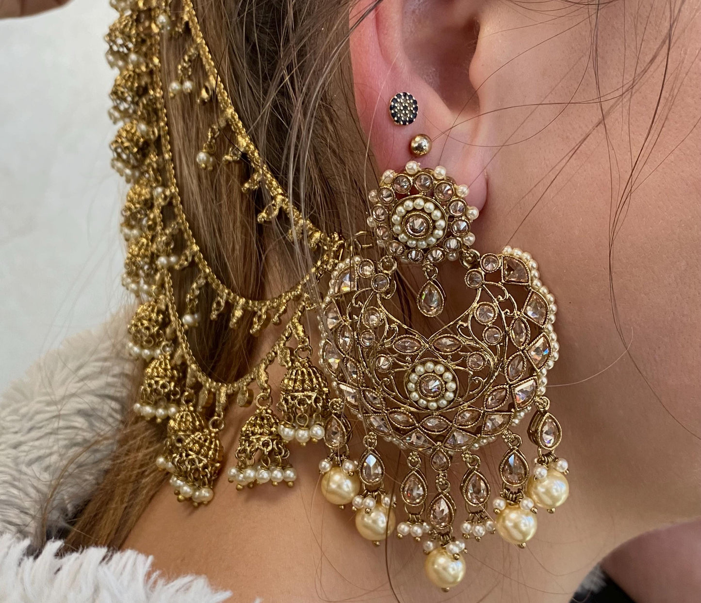 Golden Jhumka Earrings With Ear Chains/Saharay/ Indian Style Earring