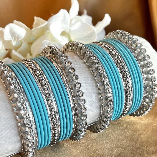Blue Silver Small Bangle Set for Both Arms traditional Bollywood Indian Pakistani Churi set Jewelley Fashion wedding jewellery sale 2.6