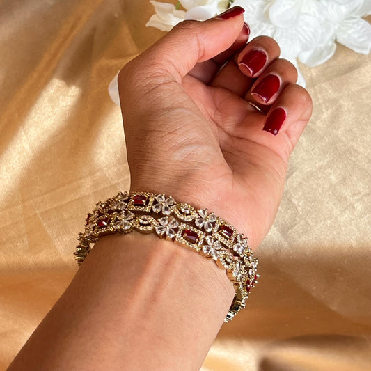 Set of 2 Antique Gold Clear Zircon Crystal with Red detail Bangles High Quality Nickel Free Indian Pakistani Jewelley Fashion Bracelet 2.6