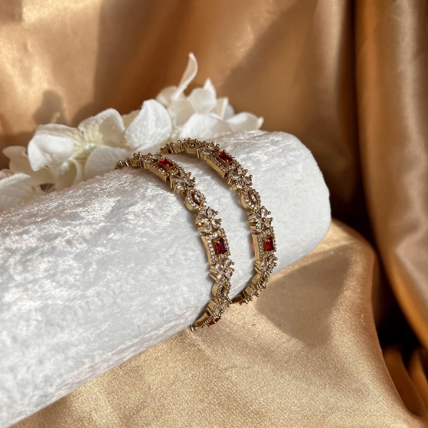 Set of 2 Antique Gold Clear Zircon Crystal with Red detail Bangles High Quality Nickel Free Indian Pakistani Jewelley Fashion Bracelet 2.6