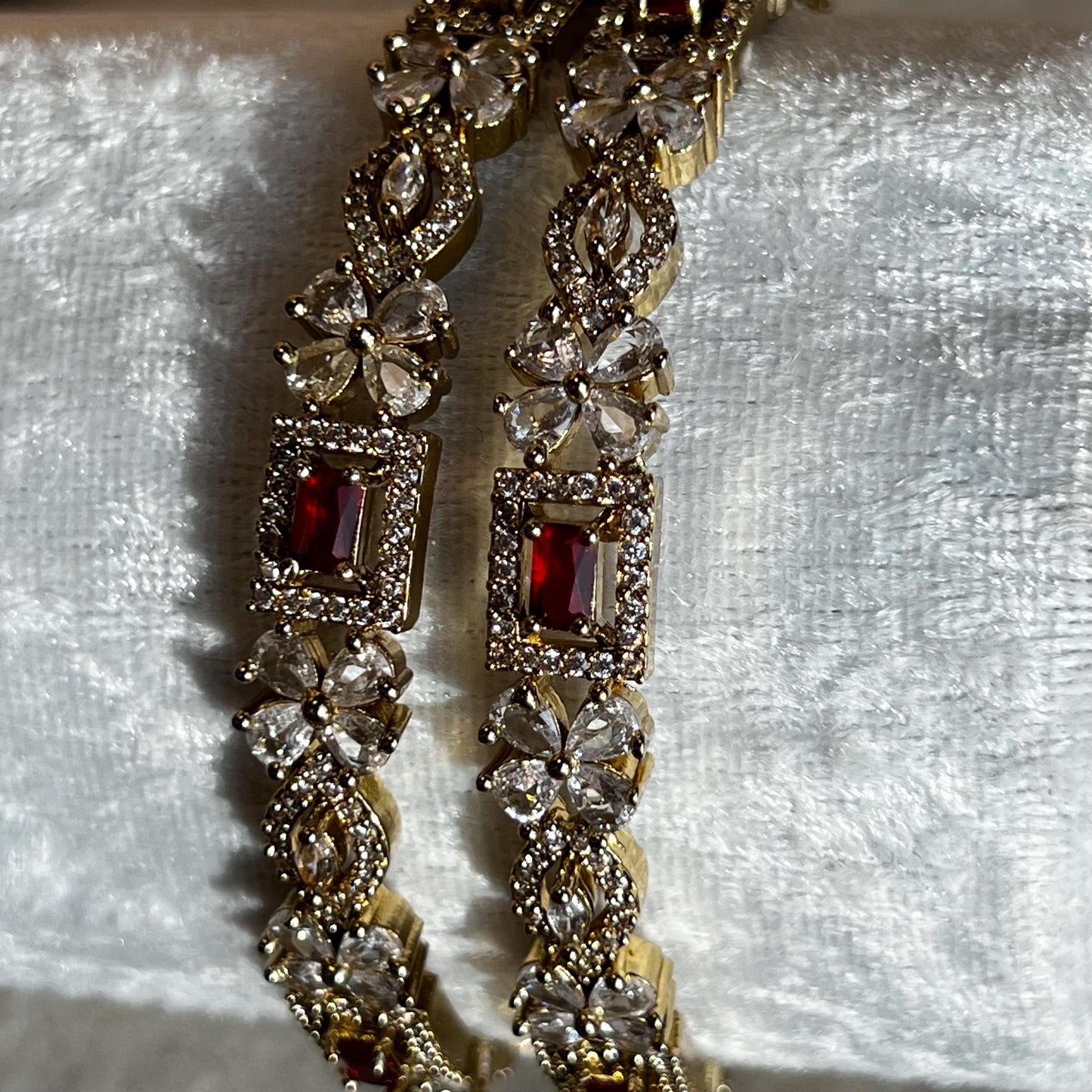 Set of 2 Antique Gold Clear Zircon Crystal with Red detail Bangles High Quality Nickel Free Indian Pakistani Jewelley Fashion Bracelet 2.6