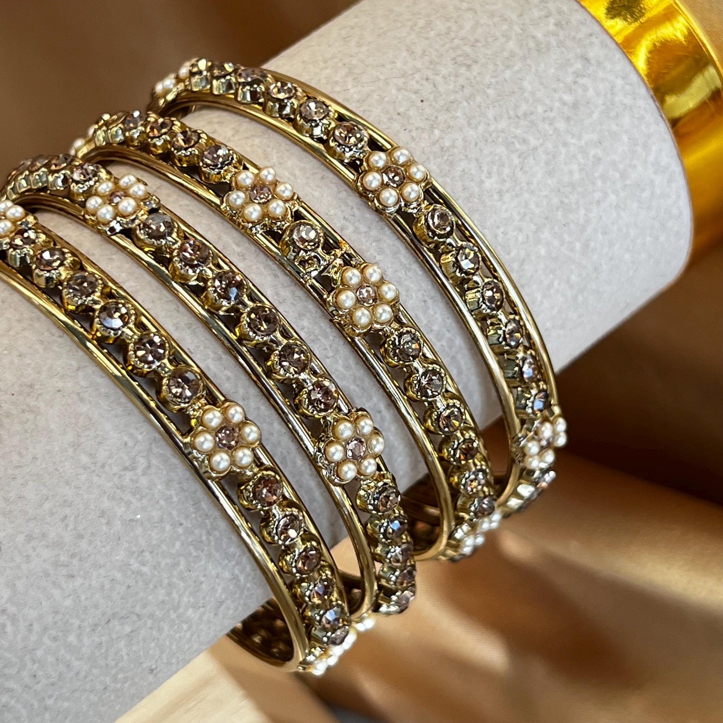 Pearl Flower Gold Bangles set of 4 Antique Gold and Golden Stone Bangles Bollywood Indian Pakistani Jewelley Fashion Bracelet gift 2.6