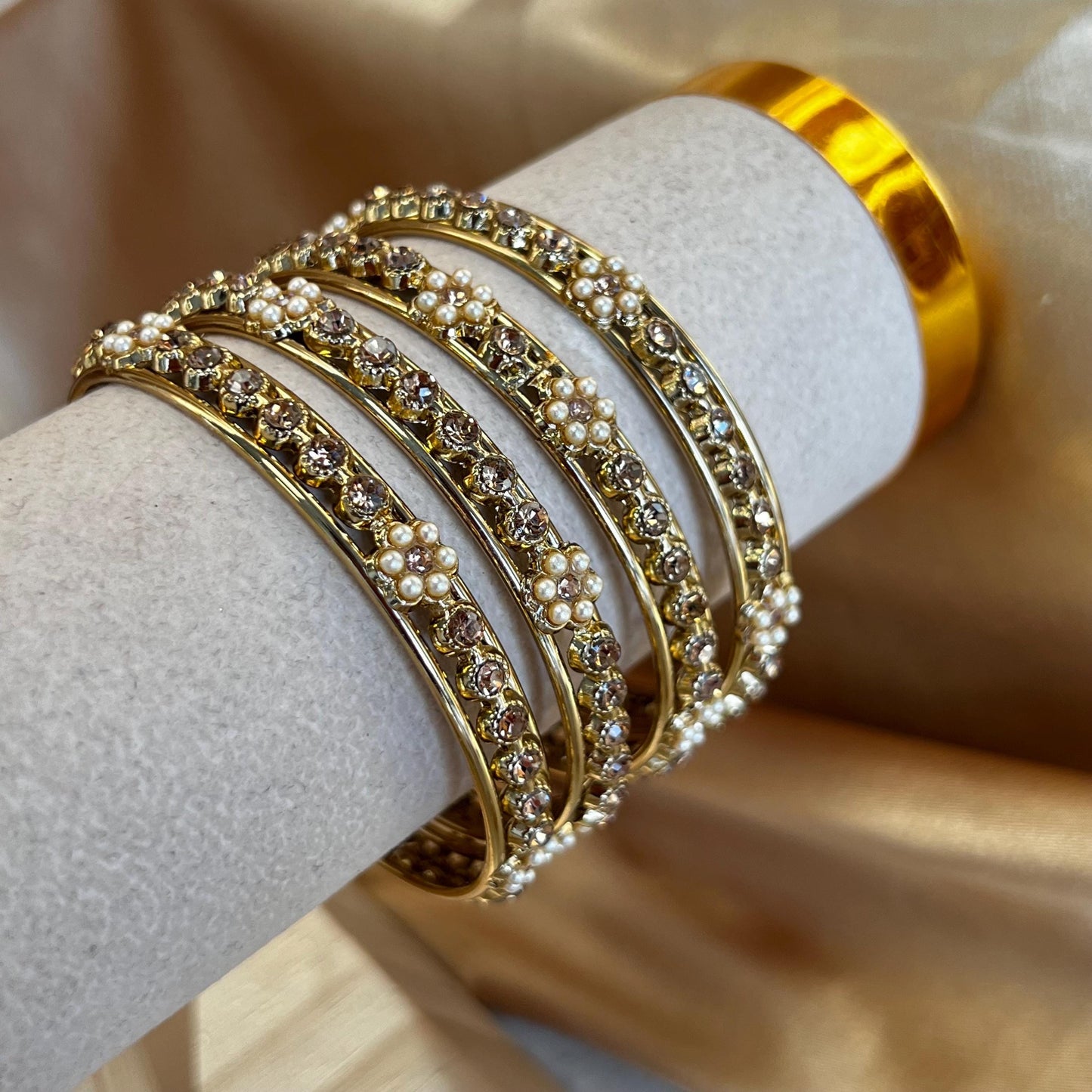 Pearl Flower Gold Bangles set of 4 Antique Gold and Golden Stone Bangles Bollywood Indian Pakistani Jewelley Fashion Bracelet gift 2.6