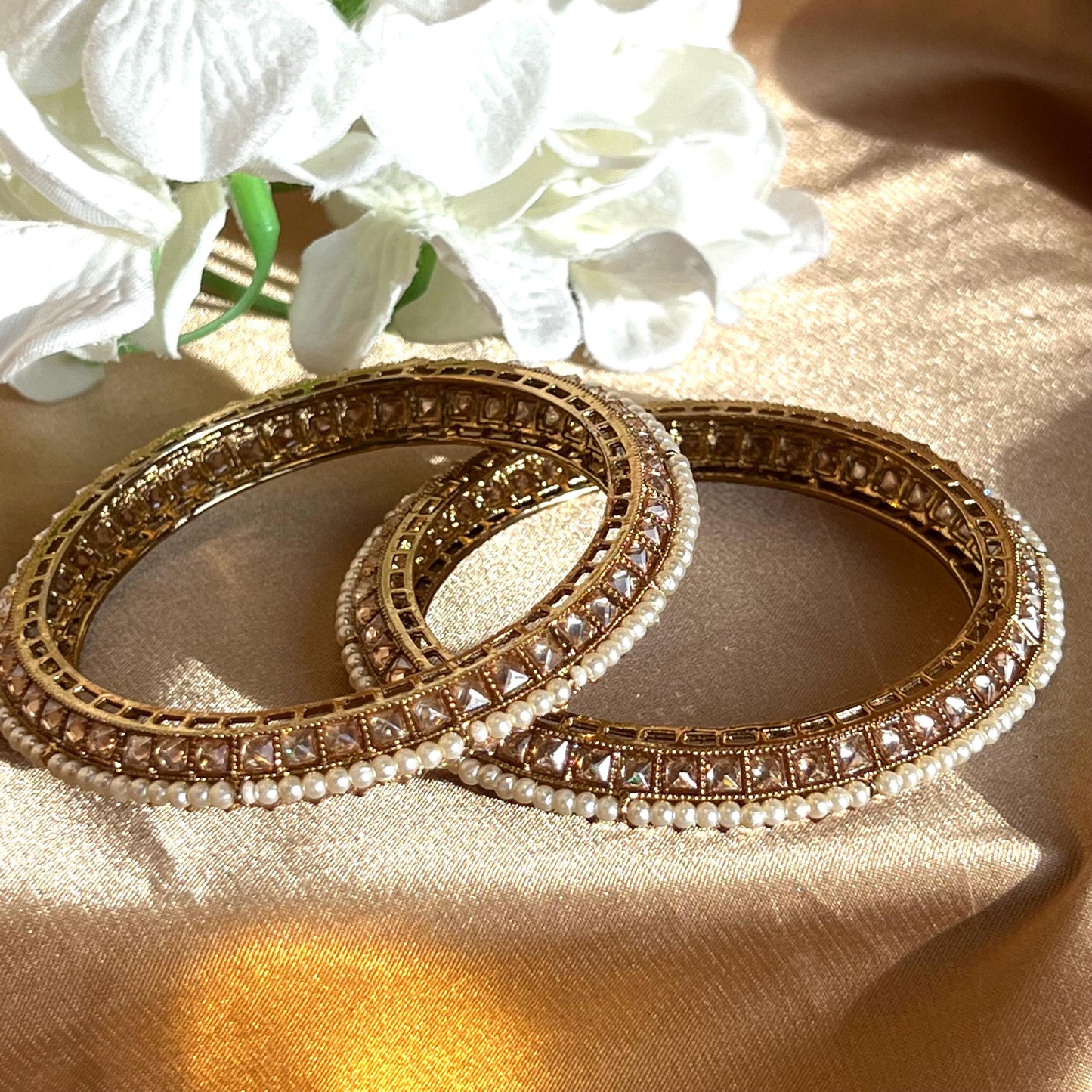Set of 2 Gold/ Champagne/ Pearl Bangles - Indian/ Pakistani/Jewelley/ Fashion Bracelet 2.6