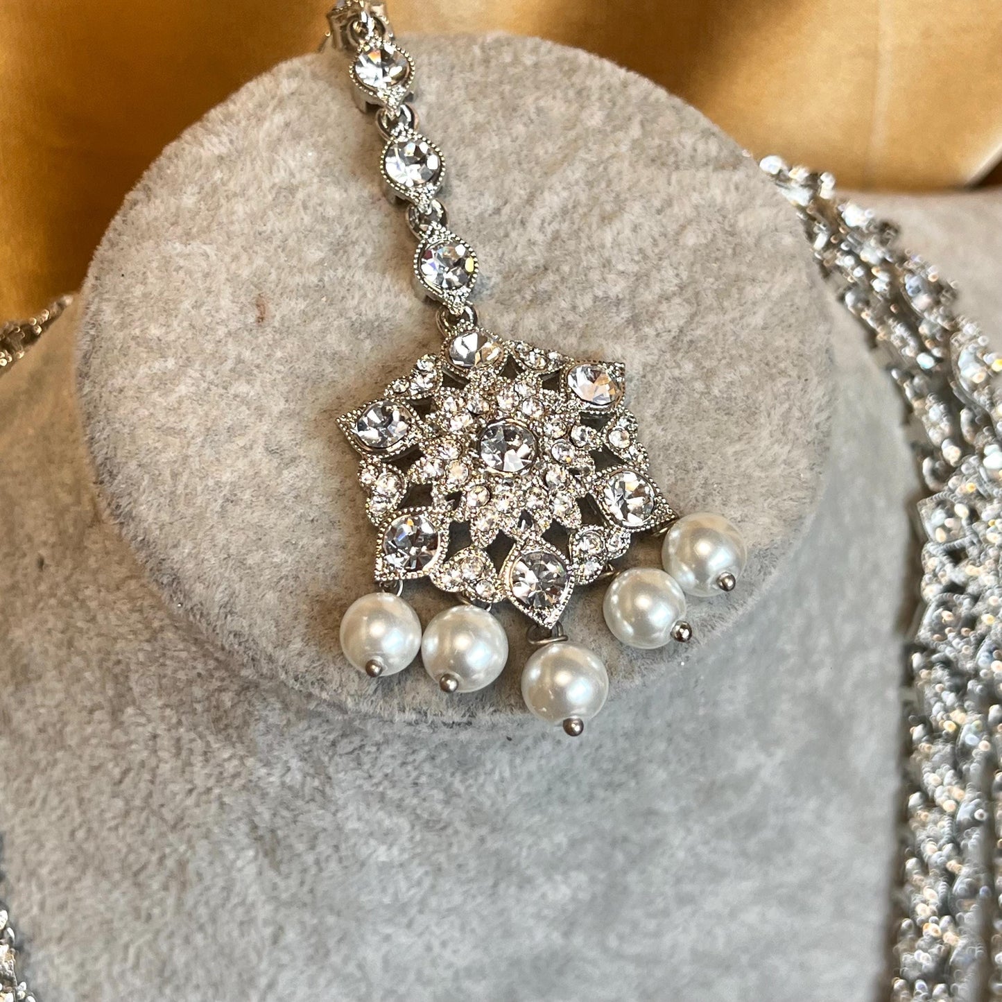 Pearl Silver Rhinestone Crystal  Long Mala Haar/ Long Necklace Set with Earring Jhumka Chain and Tikka Indian Pakistani Fashion Jewellery