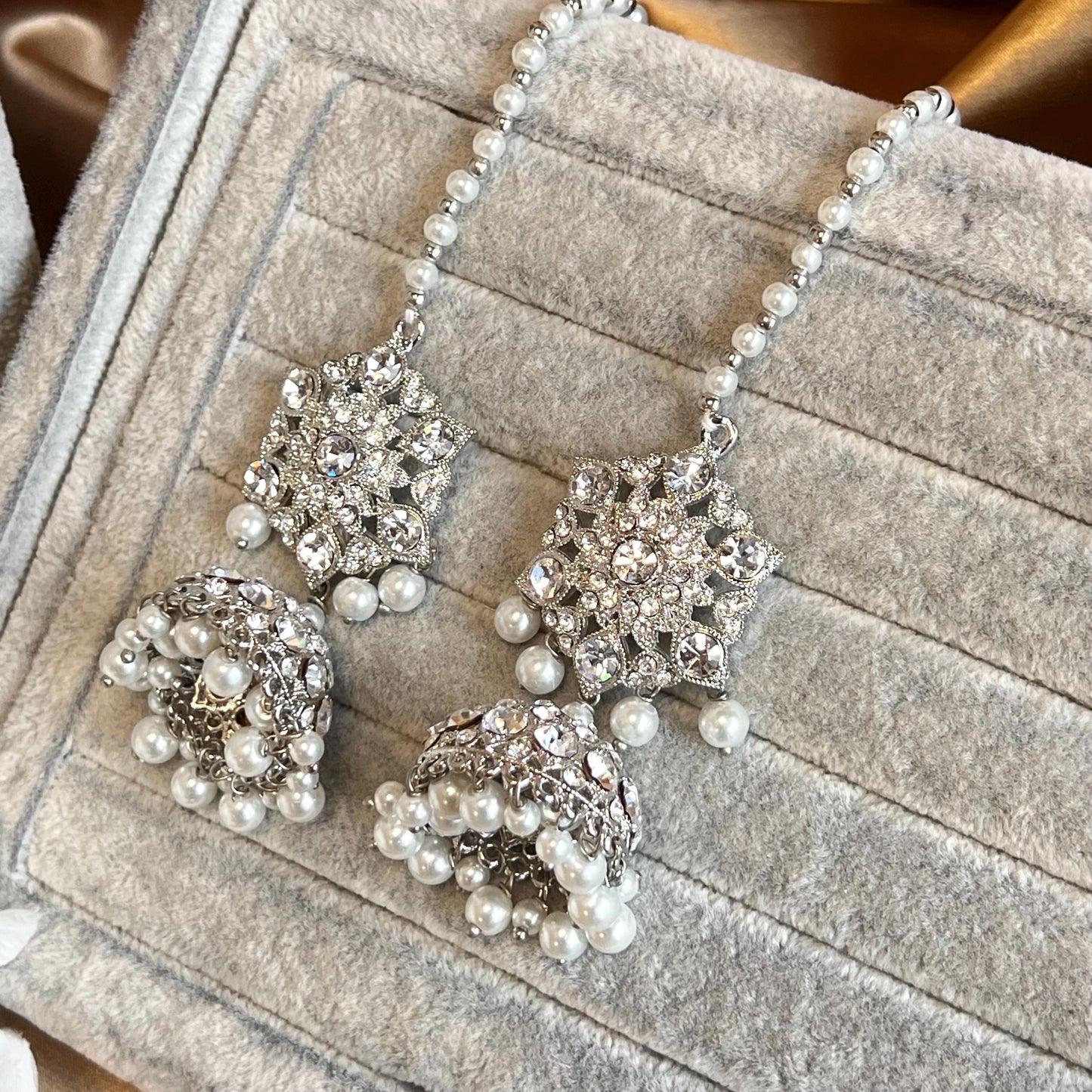 Pearl Silver Rhinestone Crystal  Long Mala Haar/ Long Necklace Set with Earring Jhumka Chain and Tikka Indian Pakistani Fashion Jewellery