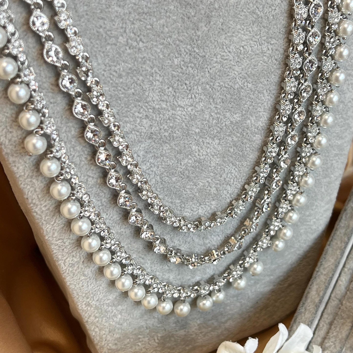 Pearl Silver Rhinestone Crystal  Long Mala Haar/ Long Necklace Set with Earring Jhumka Chain and Tikka Indian Pakistani Fashion Jewellery