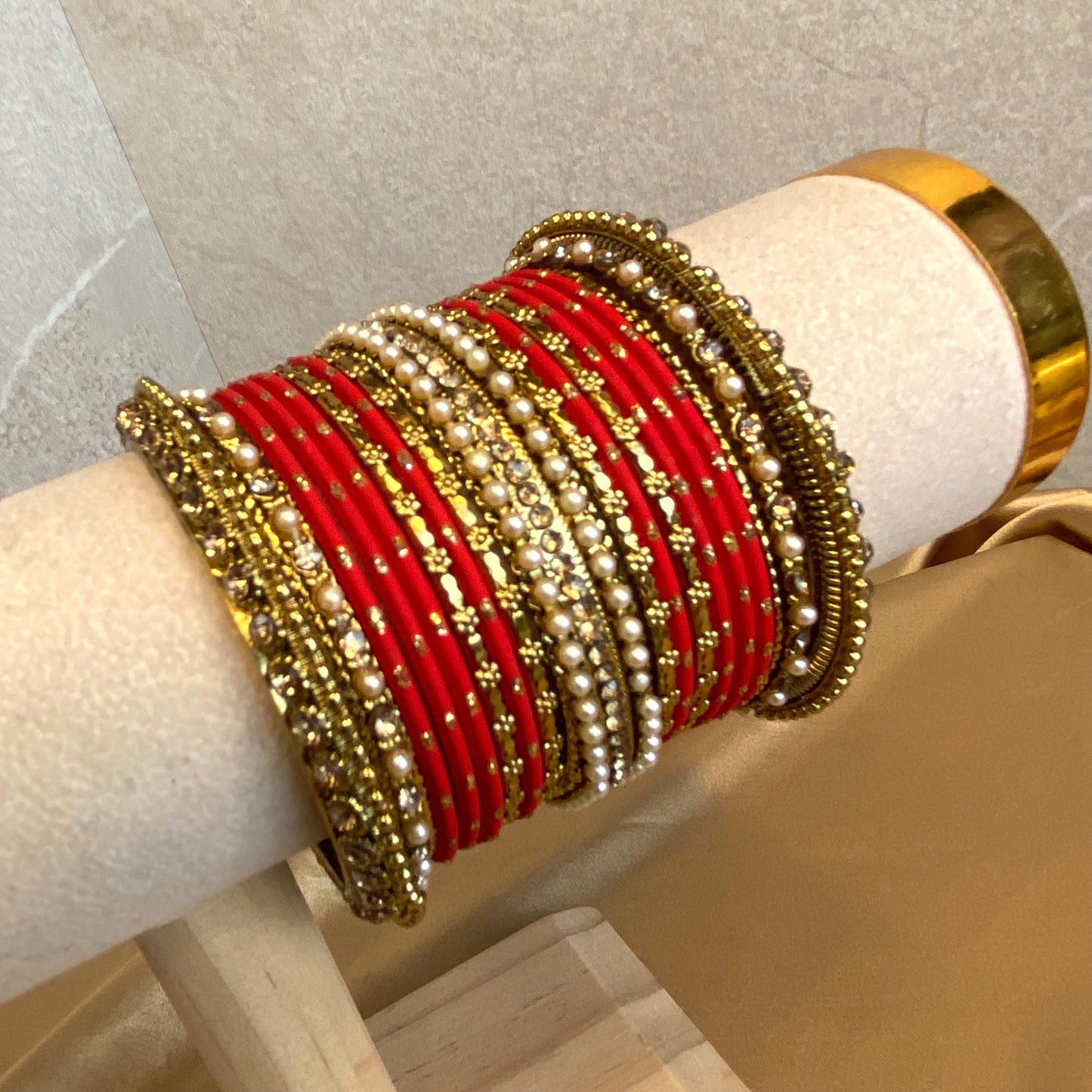 One Arm Red Pearl Golden Bangles/Indian/ Pakistani/Jewelley/ Fashion Bracelet/ 2.4 Small Size