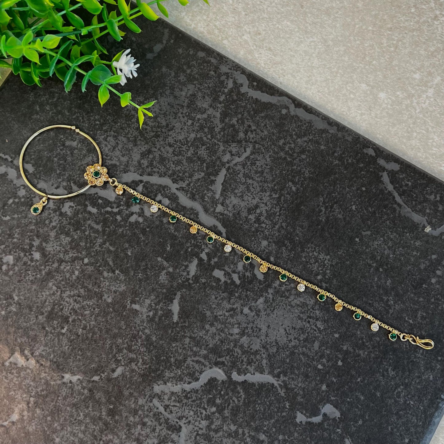 Green & Golden Antique Gold Indian Slide Type Nose Ring - Left Side Only/ Fashion Jewellery/ Gift for Women/Indian/Pakistani style/Nath