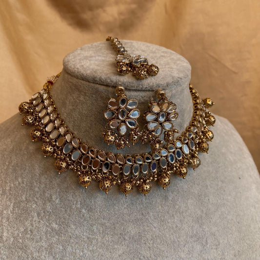 Gold Ball Mirrored Necklace Set Earring Tikka Indian Pakistani Fashion Jewellery Gift for Women Hand Made High Quality Wedding set