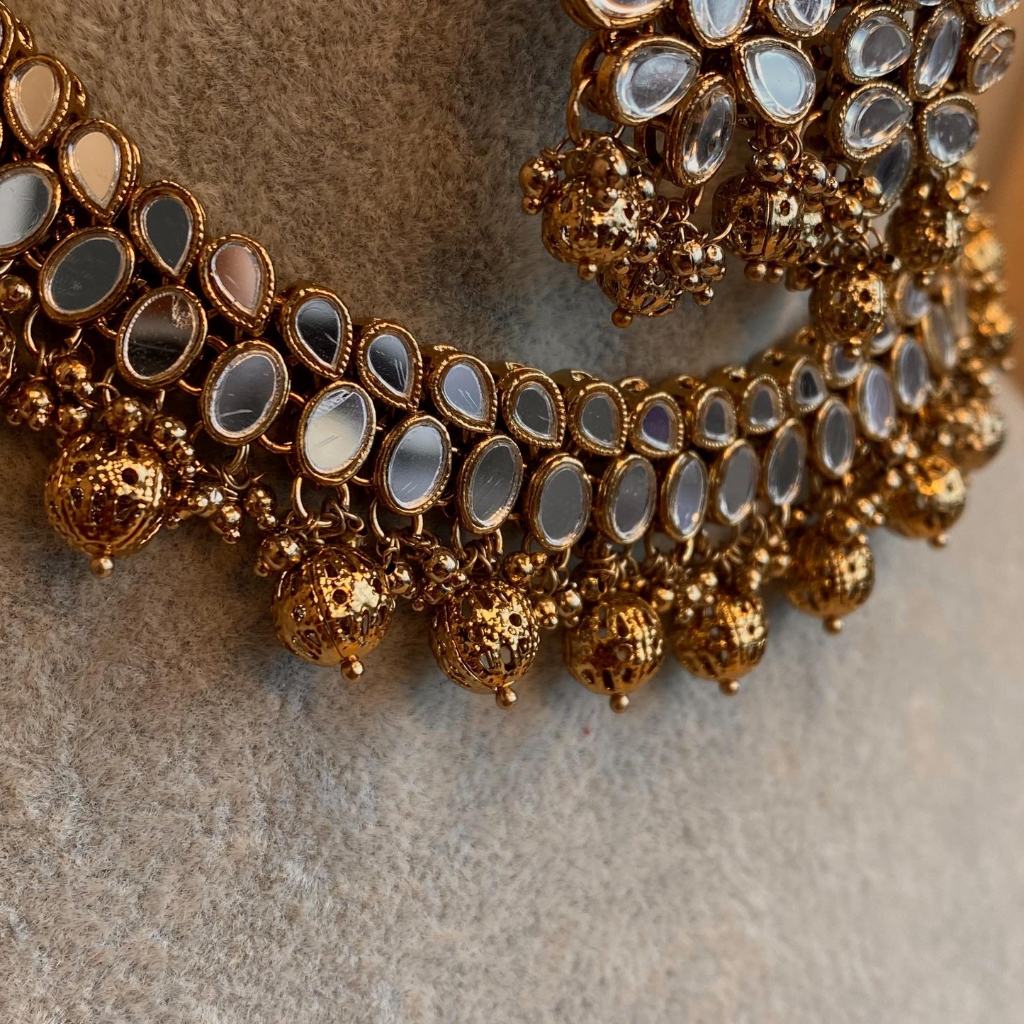 Gold Ball Mirrored Necklace Set Earring Tikka Indian Pakistani Fashion Jewellery Gift for Women Hand Made High Quality Wedding set