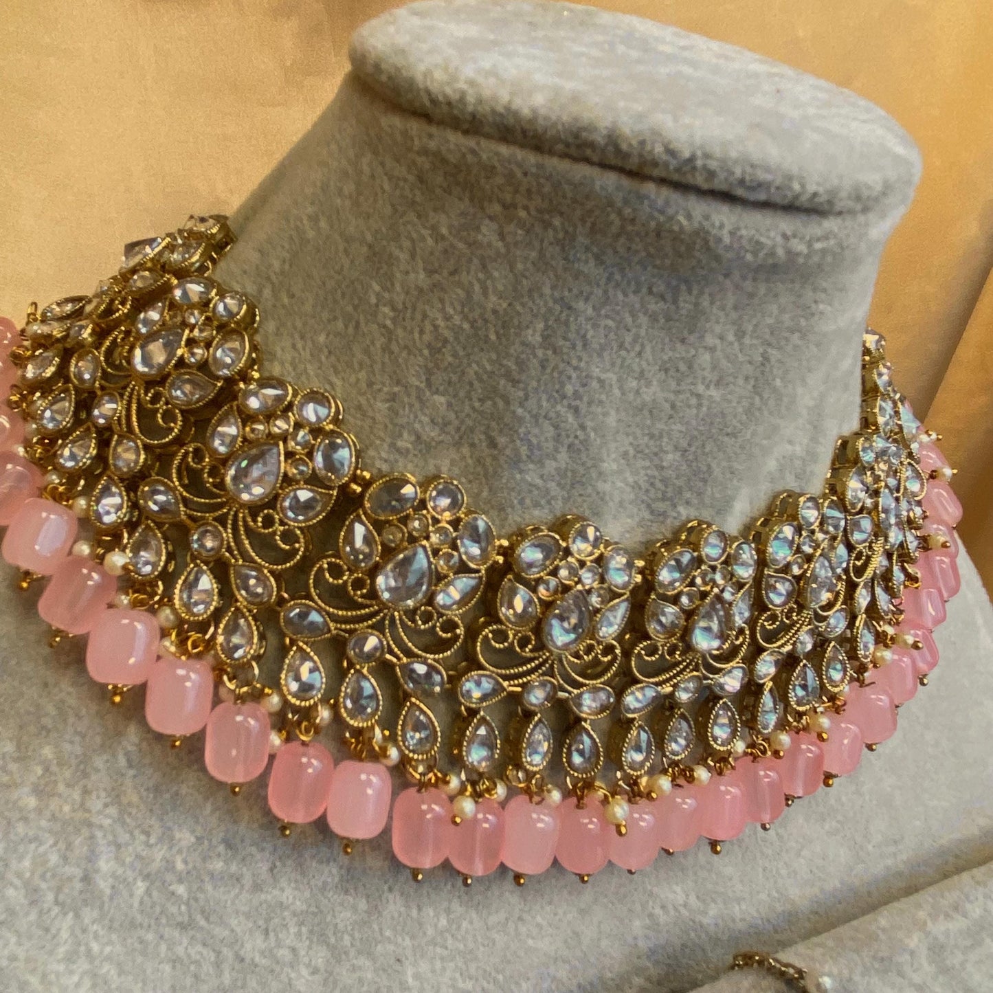 Pink Necklace Set - Antique Gold Clear Zircon Crystal Jhumka Earring/ Tikka/ Tikli/ Indian/ Pakistani/Fashion Jewellery/ Gift for Women