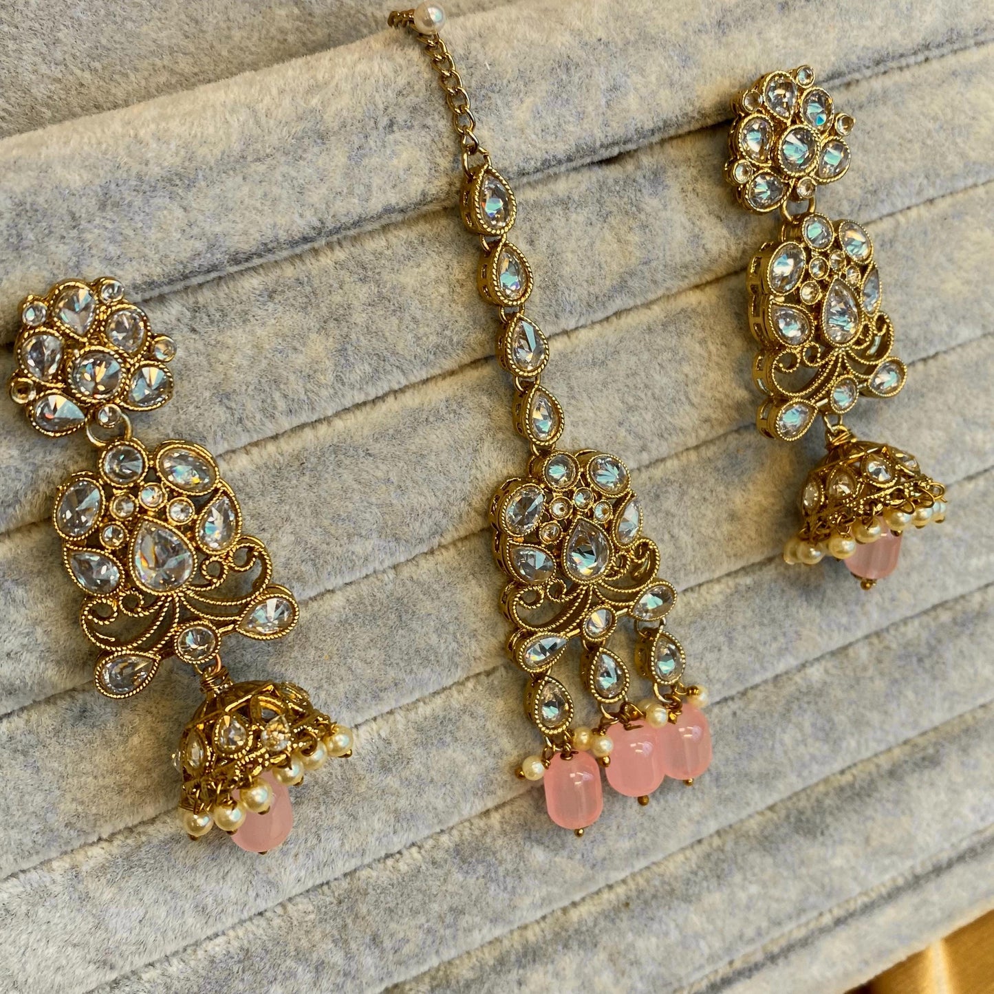 Pink Necklace Set - Antique Gold Clear Zircon Crystal Jhumka Earring/ Tikka/ Tikli/ Indian/ Pakistani/Fashion Jewellery/ Gift for Women