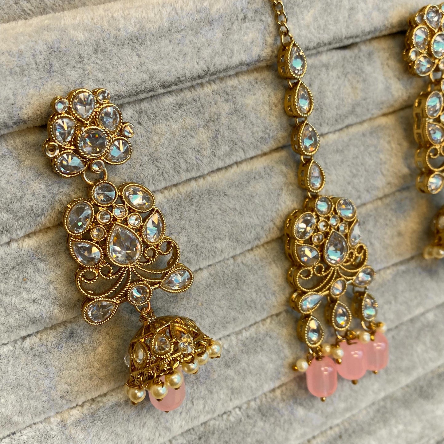 Pink Necklace Set - Antique Gold Clear Zircon Crystal Jhumka Earring/ Tikka/ Tikli/ Indian/ Pakistani/Fashion Jewellery/ Gift for Women