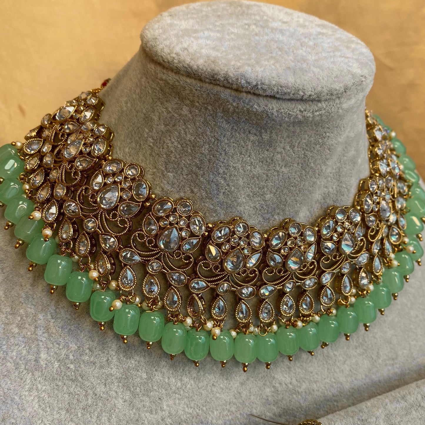 Mint Necklace Set - Antique Gold Clear Zircon Crystal Jhumka Earring/ Tikka/ Tikli/ Indian/ Pakistani/Fashion Jewellery/ Gift for Women