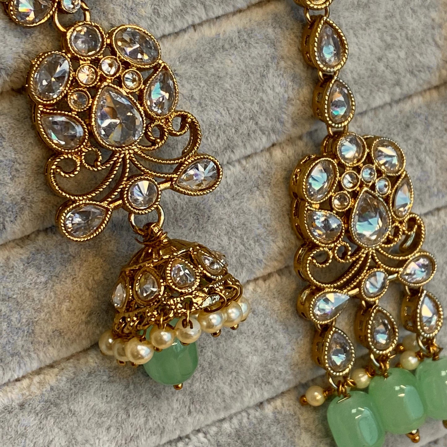 Mint Necklace Set - Antique Gold Clear Zircon Crystal Jhumka Earring/ Tikka/ Tikli/ Indian/ Pakistani/Fashion Jewellery/ Gift for Women