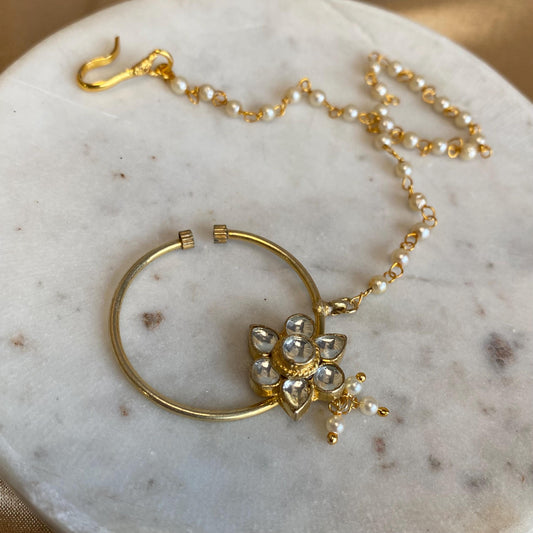 Gold Kundan Nose Ring Left Side only Lightweight Indian Pakistani Bollywood Flower Design Small 1 inch Slide Type No Piercing