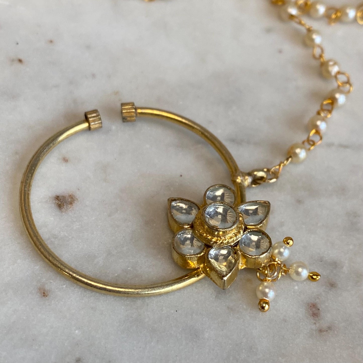 Gold Kundan Nose Ring Left Side only Lightweight Indian Pakistani Bollywood Flower Design Small 1 inch Slide Type No Piercing