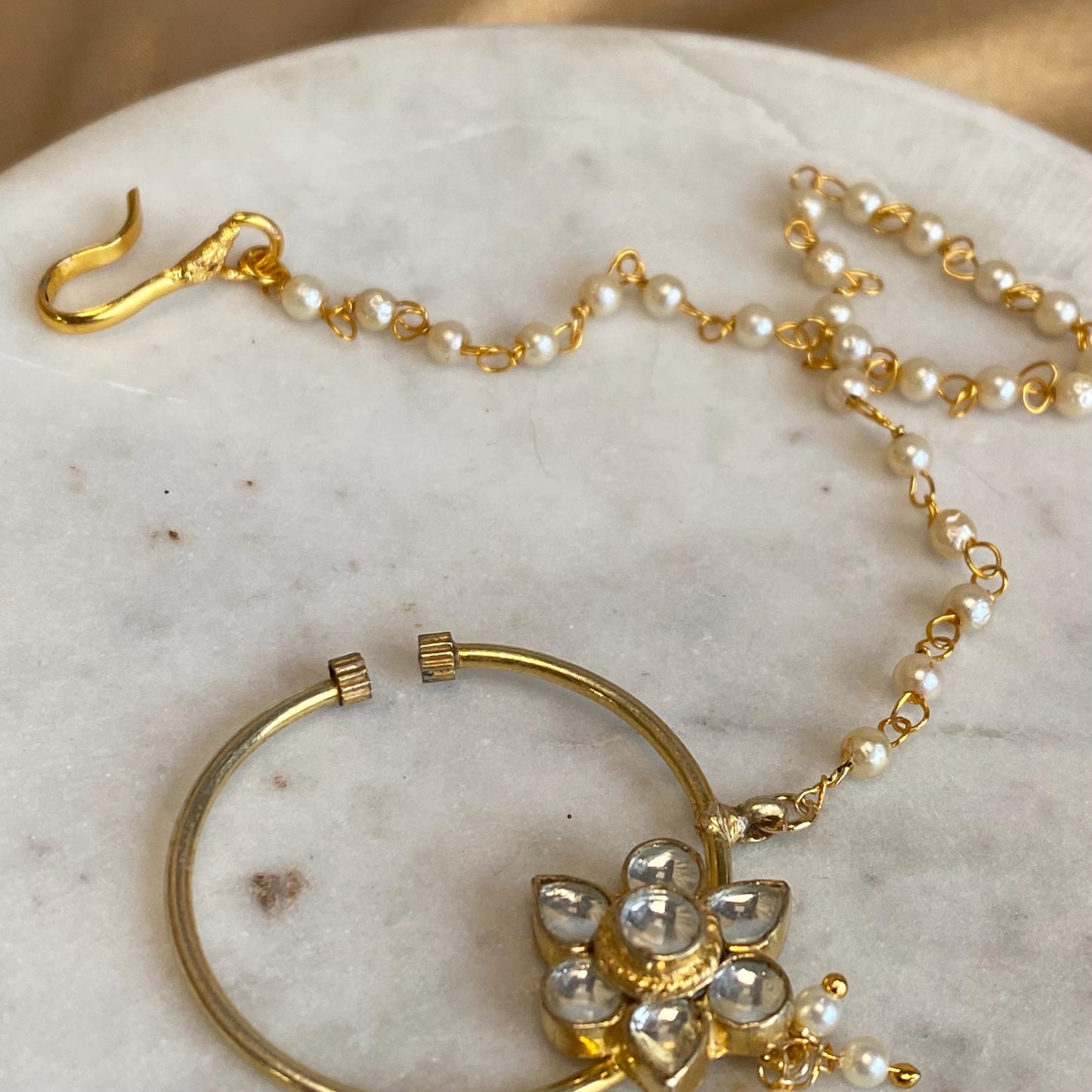 Gold Kundan Nose Ring Left Side only Lightweight Indian Pakistani Bollywood Flower Design Small 1 inch Slide Type No Piercing