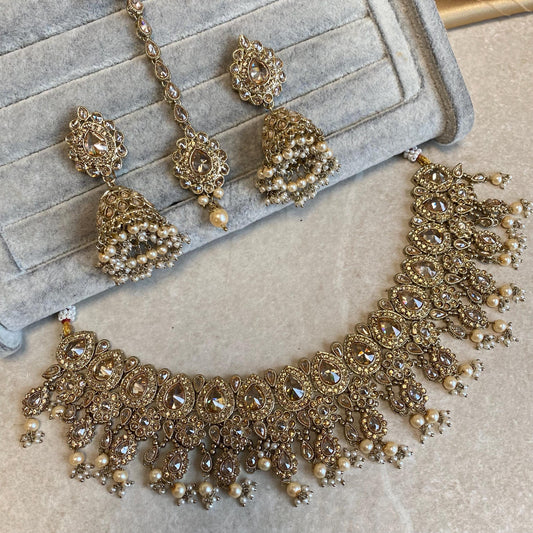 Antique Gold Golden Rhinestone and Zircon Crystal Necklace set Jhumka Earring Small Jhumka Inidan Pakistani Bollywood Wedding Eid Jewellery